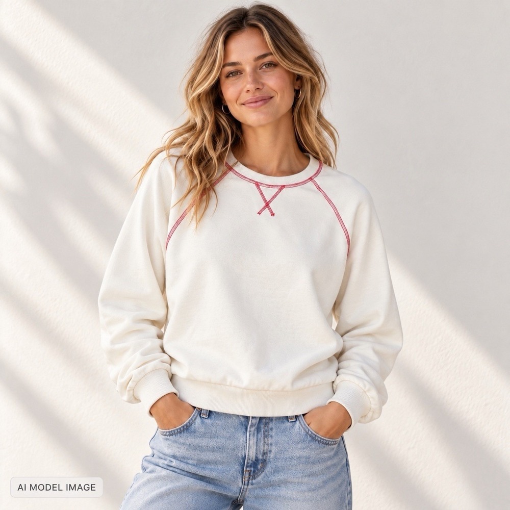 Marine Layer Anytime Ringer Sweatshirt Women's L Cream Red Raglan Crewneck